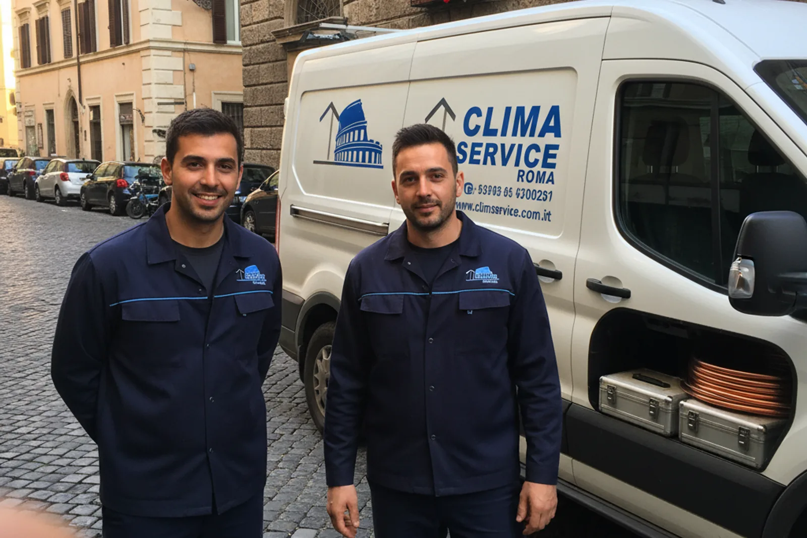 Tecnici di Caldaie Condizionatori Roma con il furgone del servizio